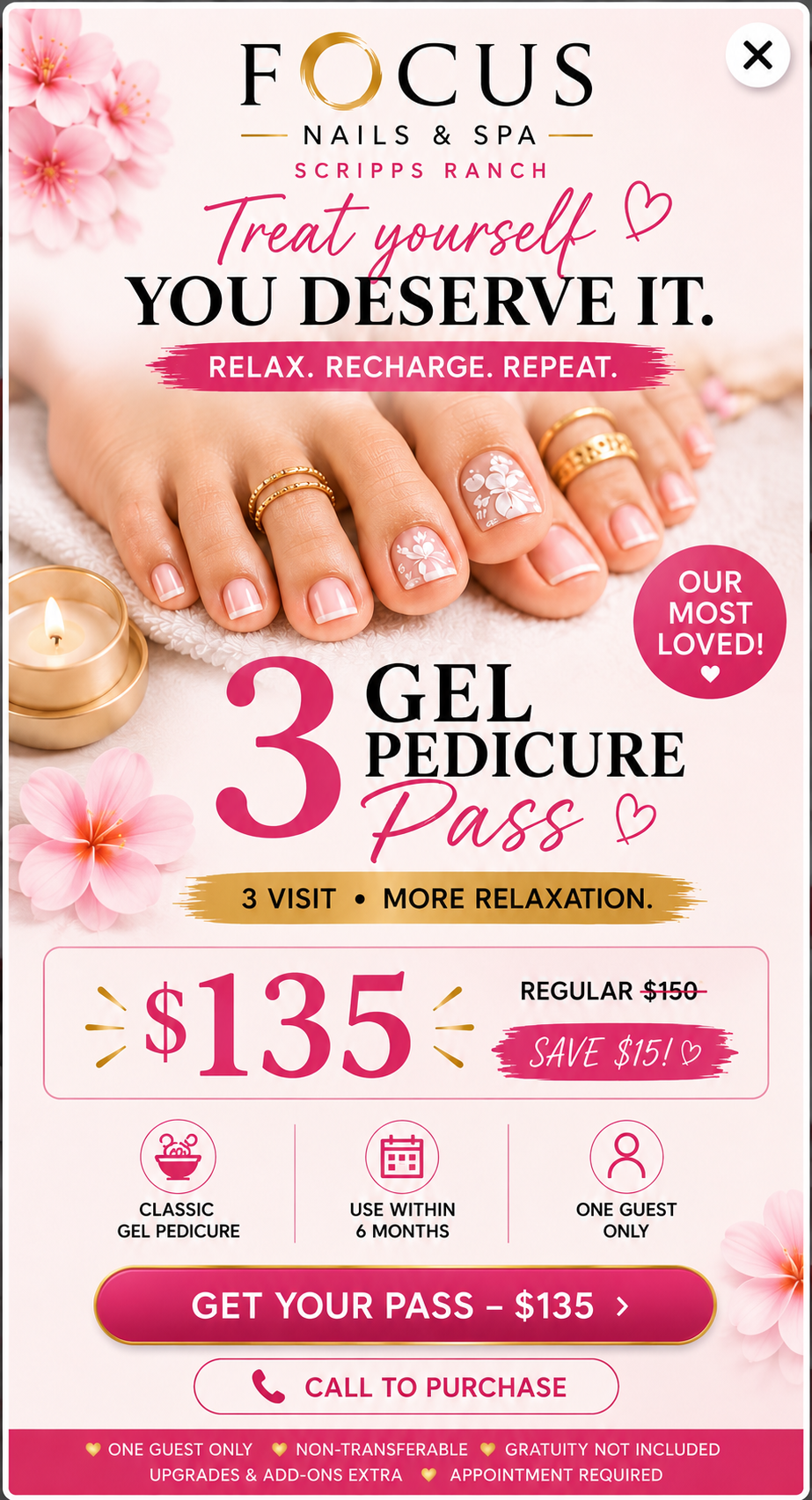 3 Gel Pedicure Pass $135